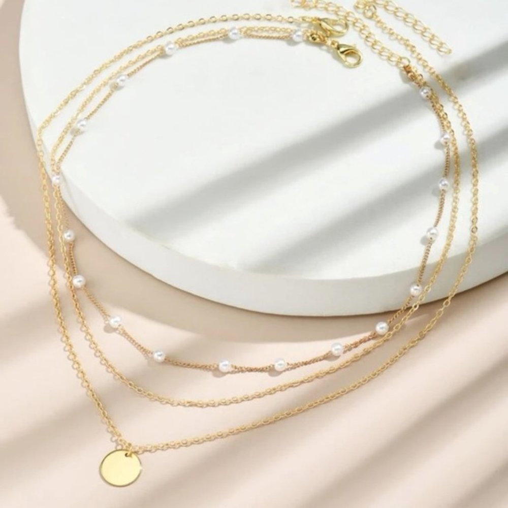 Yellow Gold Plated Disc Faux Pearl Necklace - 2 pieces - Picture 6 of 6